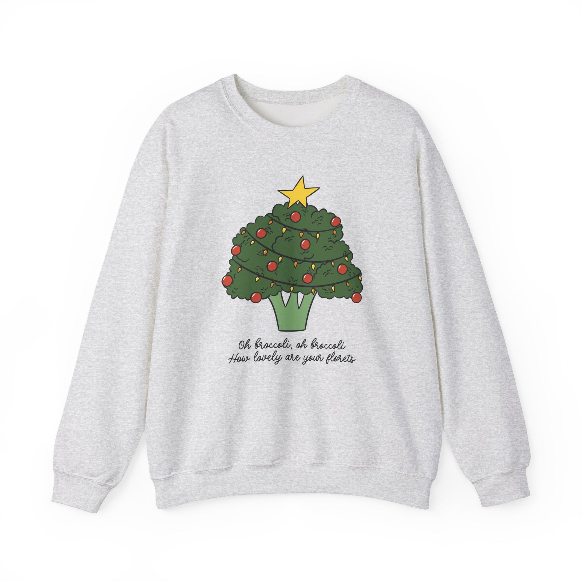 Ash Gray sweatshirt with a broccoli Christmas tree design on a white background