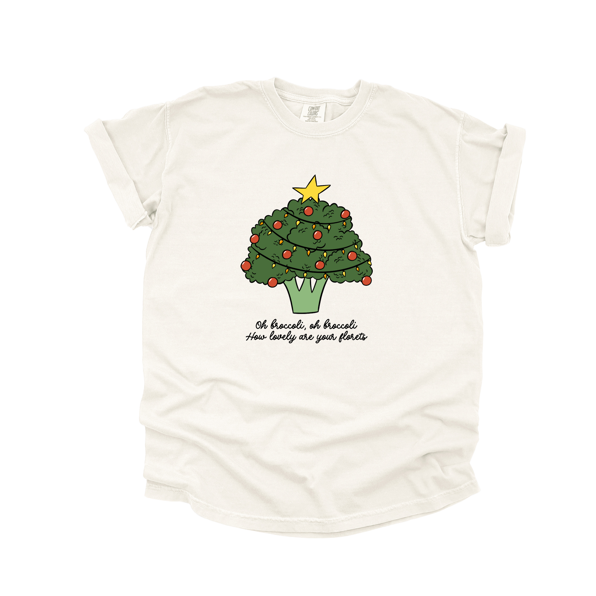 An ivory crew neck t-shirt with a printed broccoli Christmas tree design