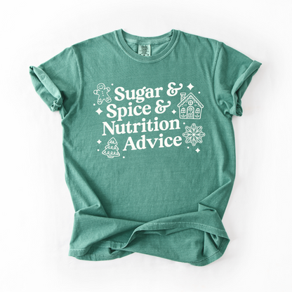 Green t-shirt with 'Sugar & Spice & Nutrition Advice' text and graphics on a white background