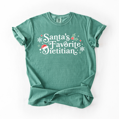 Green t-shirt with 'Santa's Favorite Dietitian' text on a white background