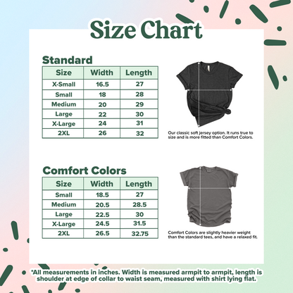Size chart for shirts with standard and comfort colors, showing measurements in inches. 
