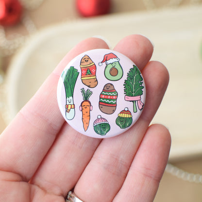 Circular badge with cartoon vegetables on a hand