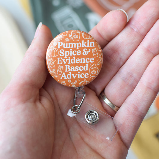 Pumpkin Spice & Evidence Based Advice Badge Reel + Topper