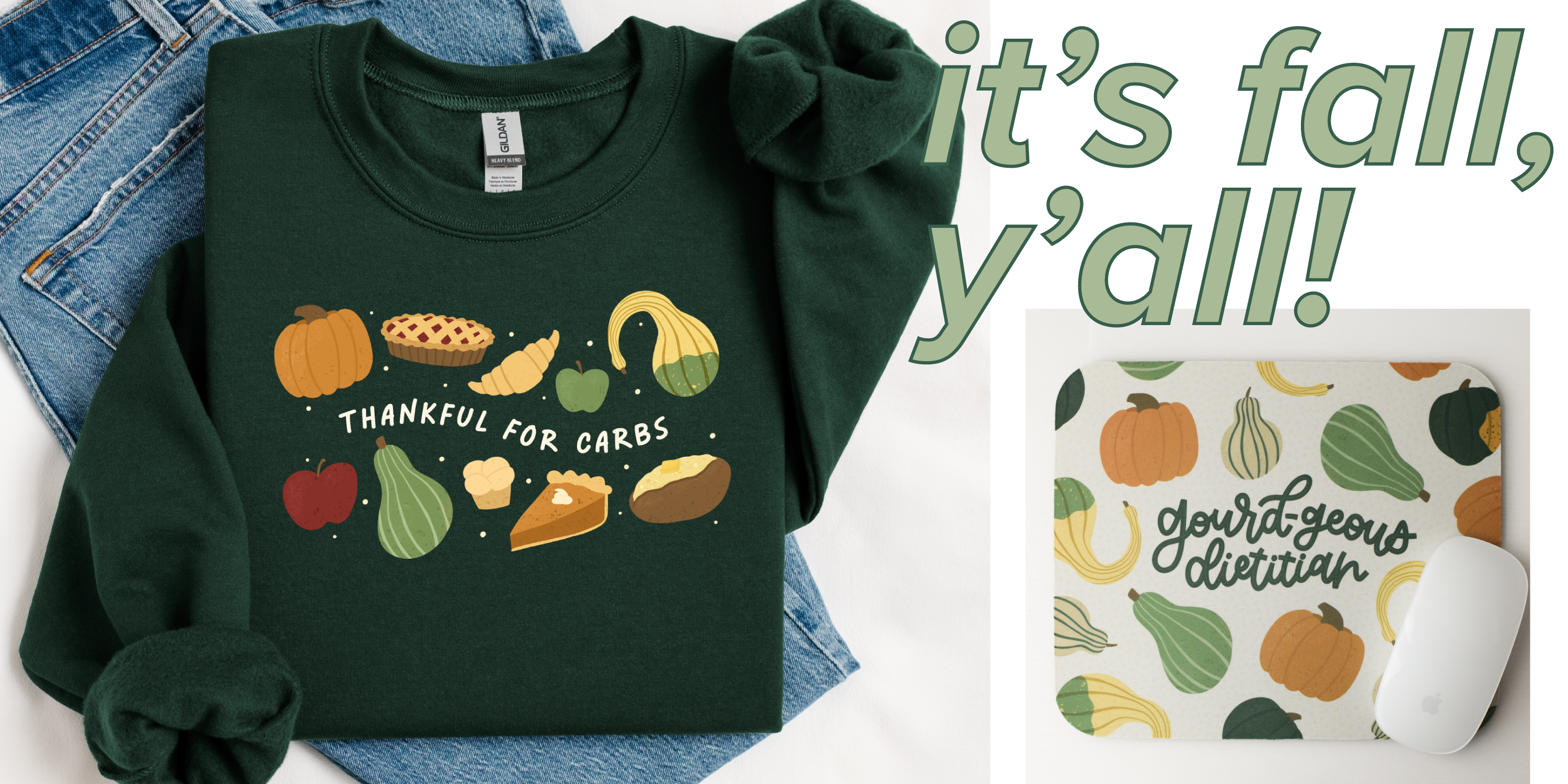 Green sweatshirt with fall-themed design and matching mouse pad on a white background