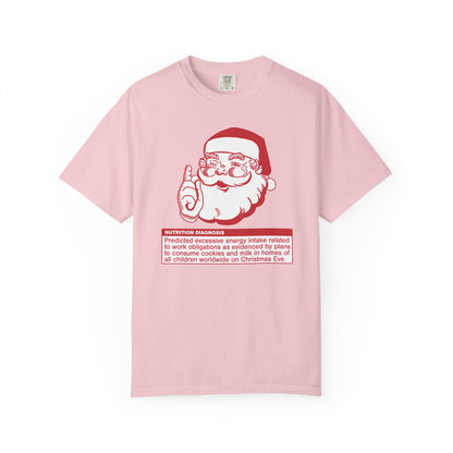 Pink t-shirt with a graphic of Santa Claus and text on a white background