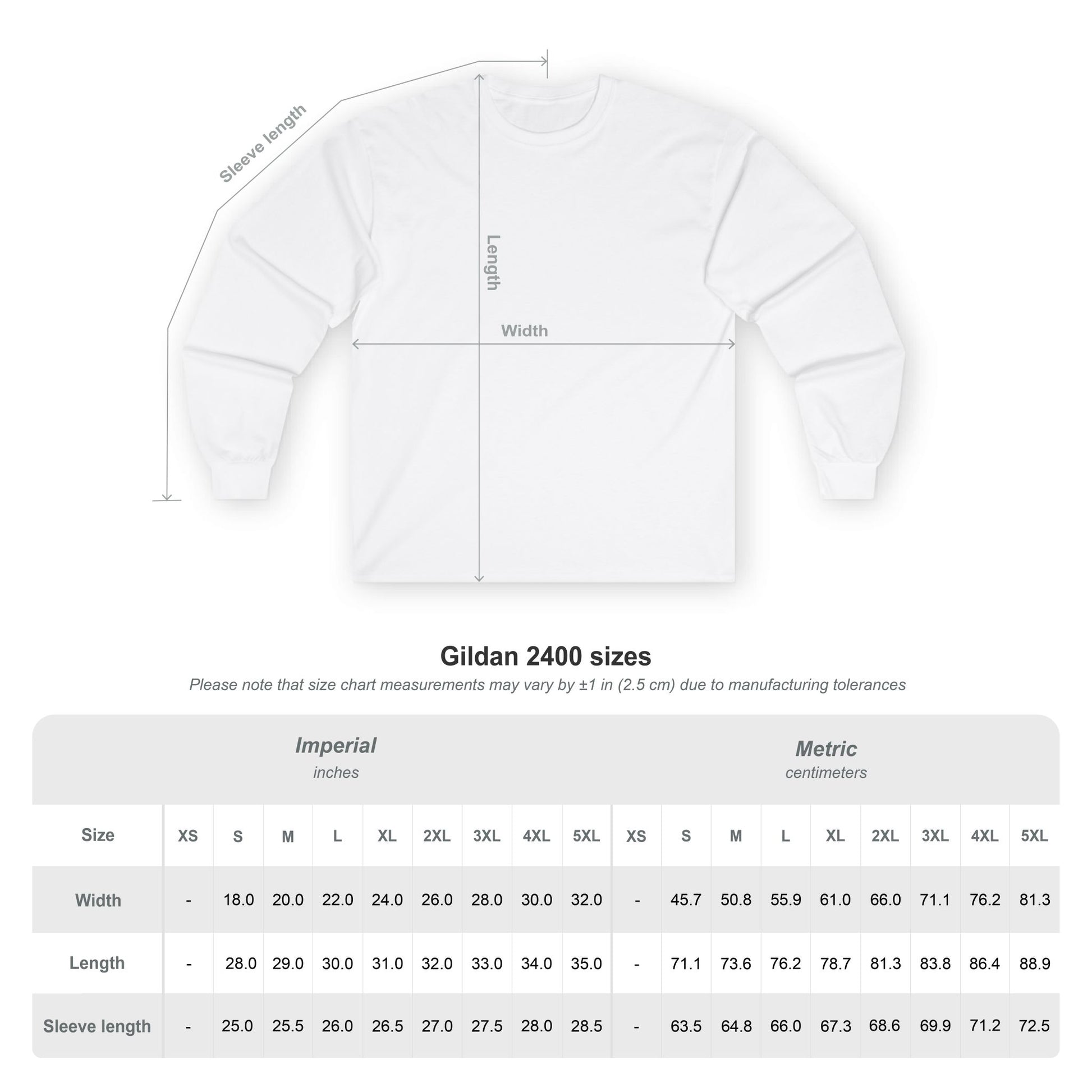 Long sleeve tshirt size chart