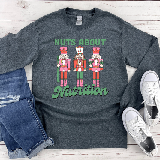 Charcoal long sleeve tshirt with "Nuts about Nutrition" nutcracker design