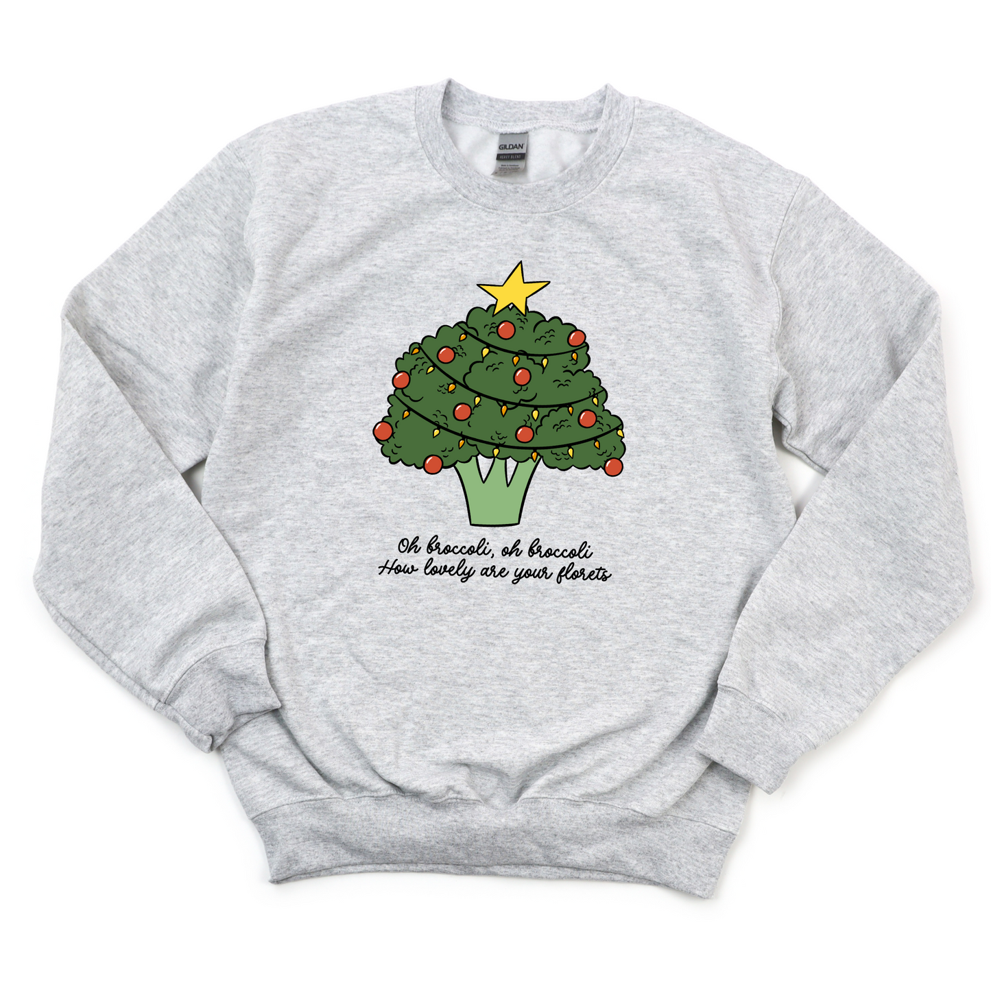 Ash Gray sweatshirt with a broccoli Christmas tree design and text on a white background