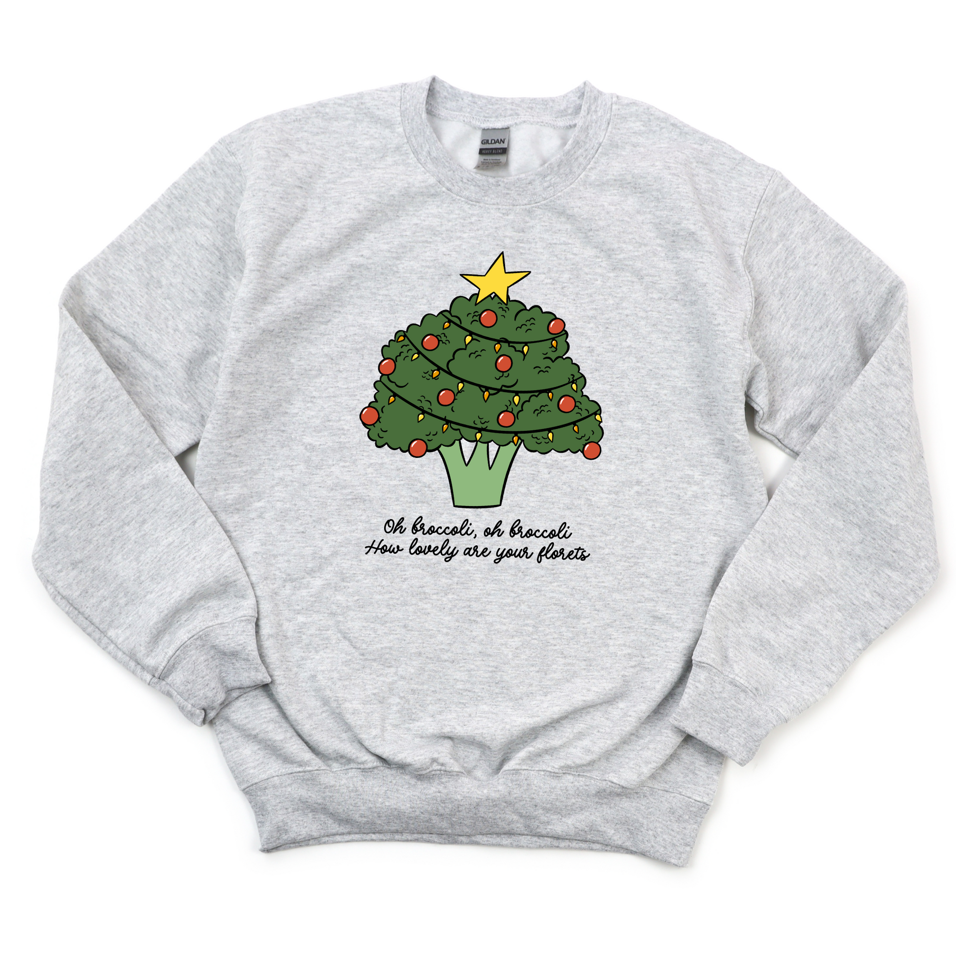 Ash Gray sweatshirt with a broccoli Christmas tree design and text on a white background