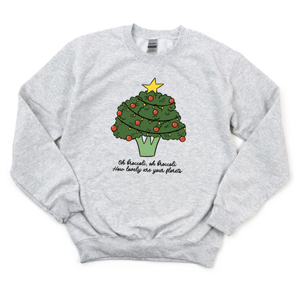 Ash Gray sweatshirt with a broccoli Christmas tree design and text on a white background