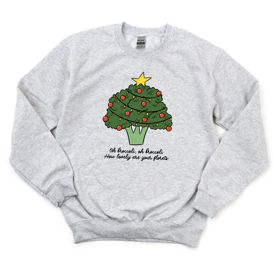 Ash Gray sweatshirt with a broccoli Christmas tree design and text on a white background