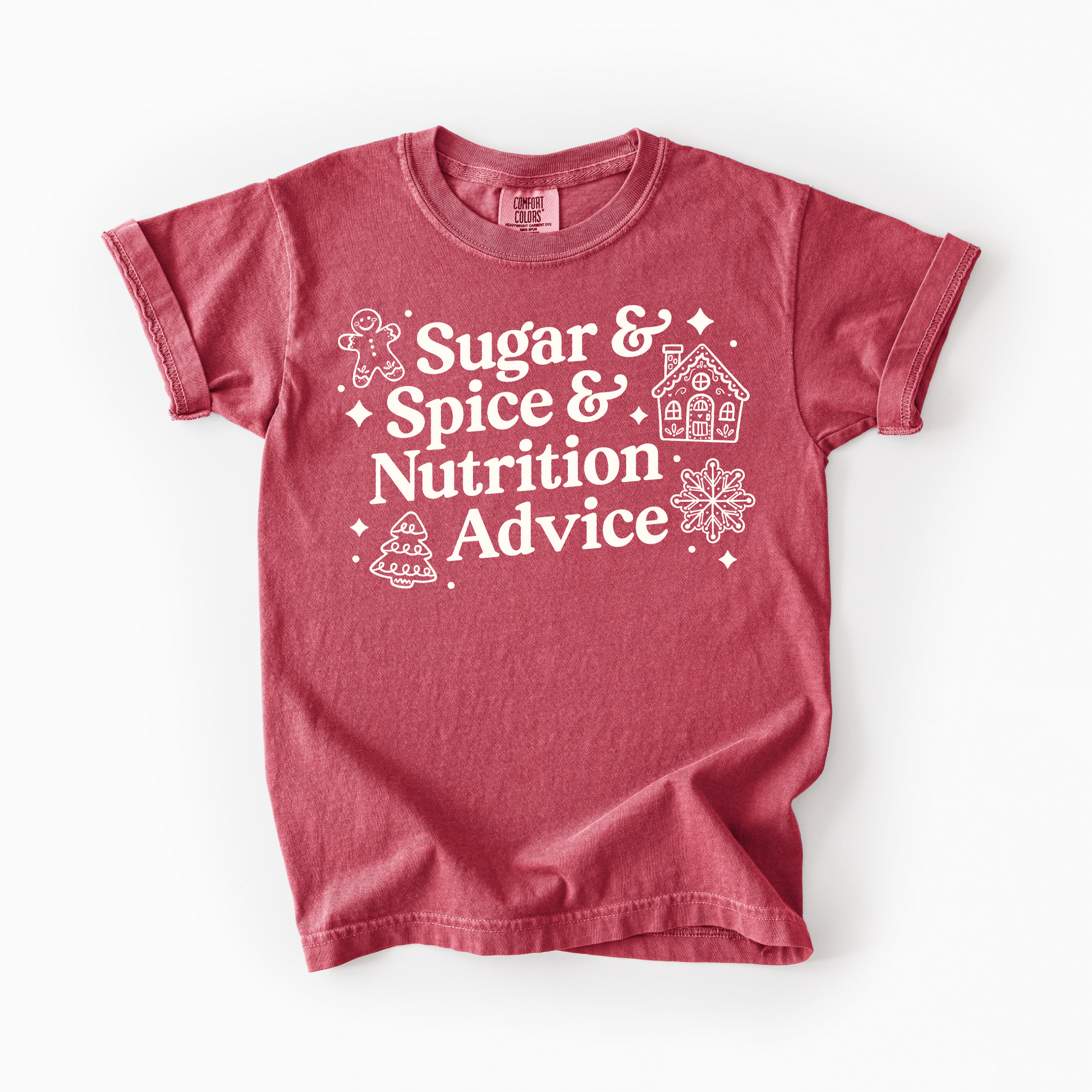 Crimson tshirt with "Sugar & Spice & Nutrition Advice" design