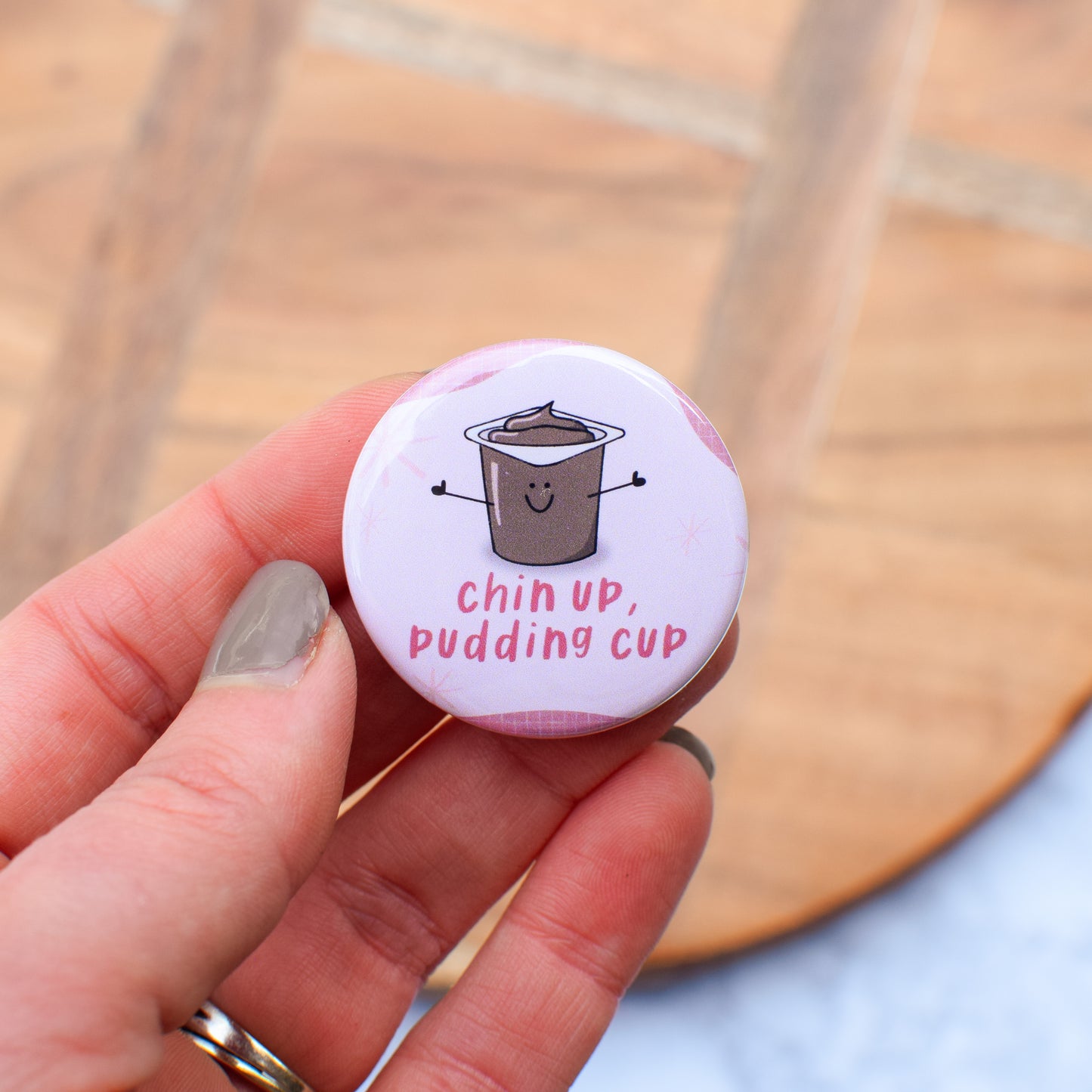 Chin Up, Pudding Cup Badge Reel + Topper